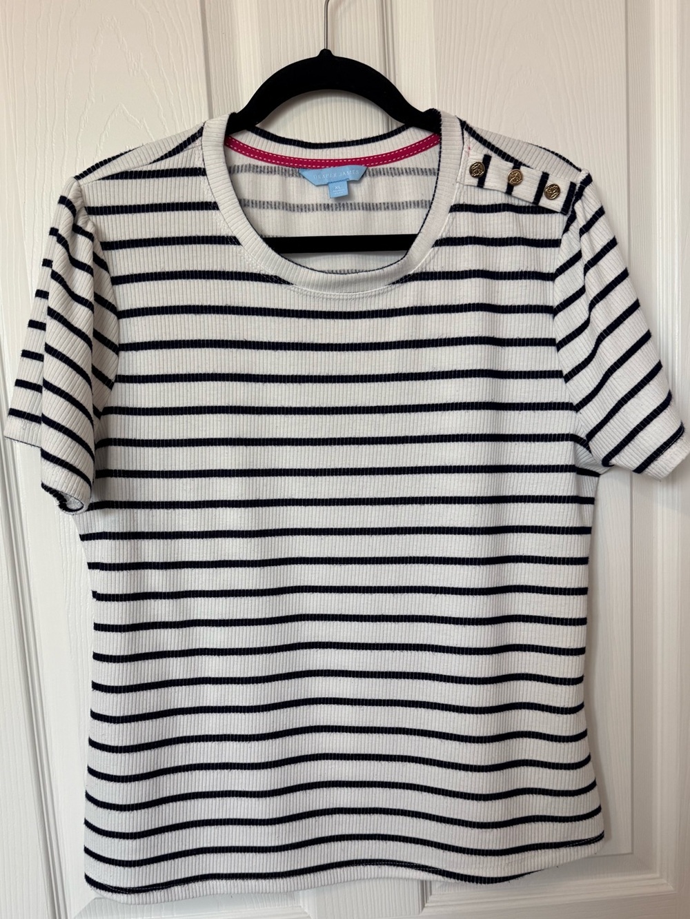 Draper James Navy & White Striped Short-Sleeve Knit Top with Shoulder Buttons